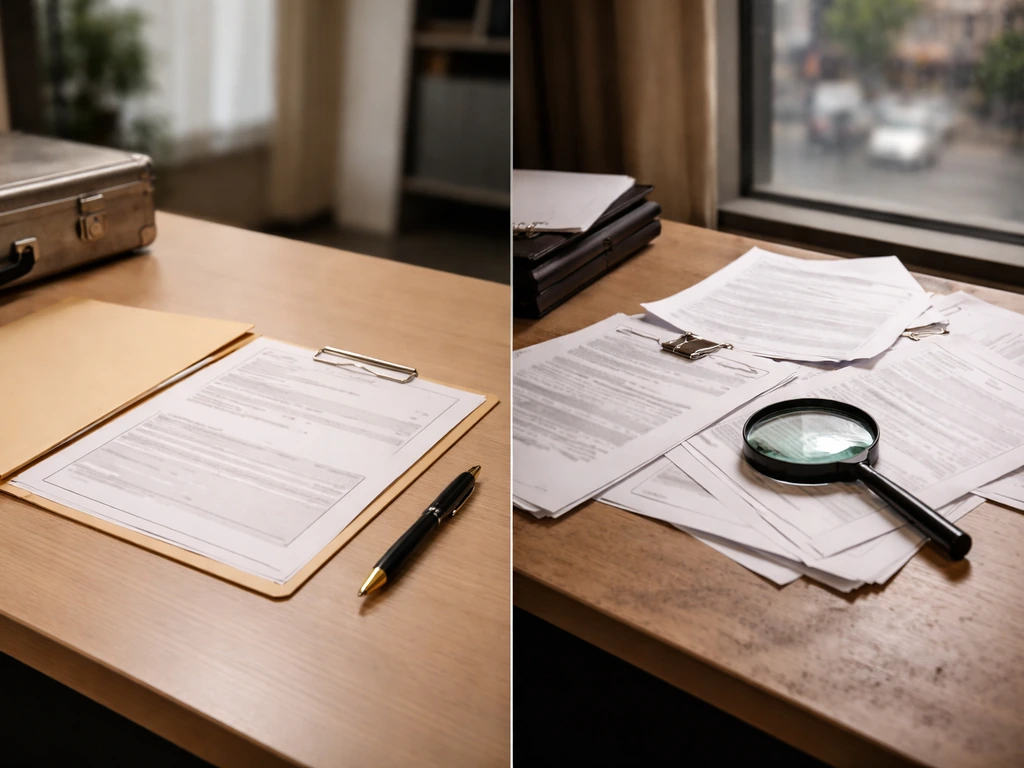 Split-screen desk scene: blank official forms on one side, documents and magnifying glass on the other.