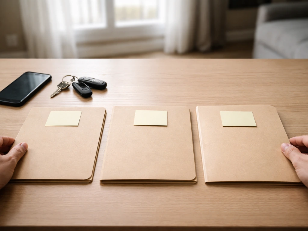 Anonymous hands arranging blank folders and keys on a simple wooden table in natural light.