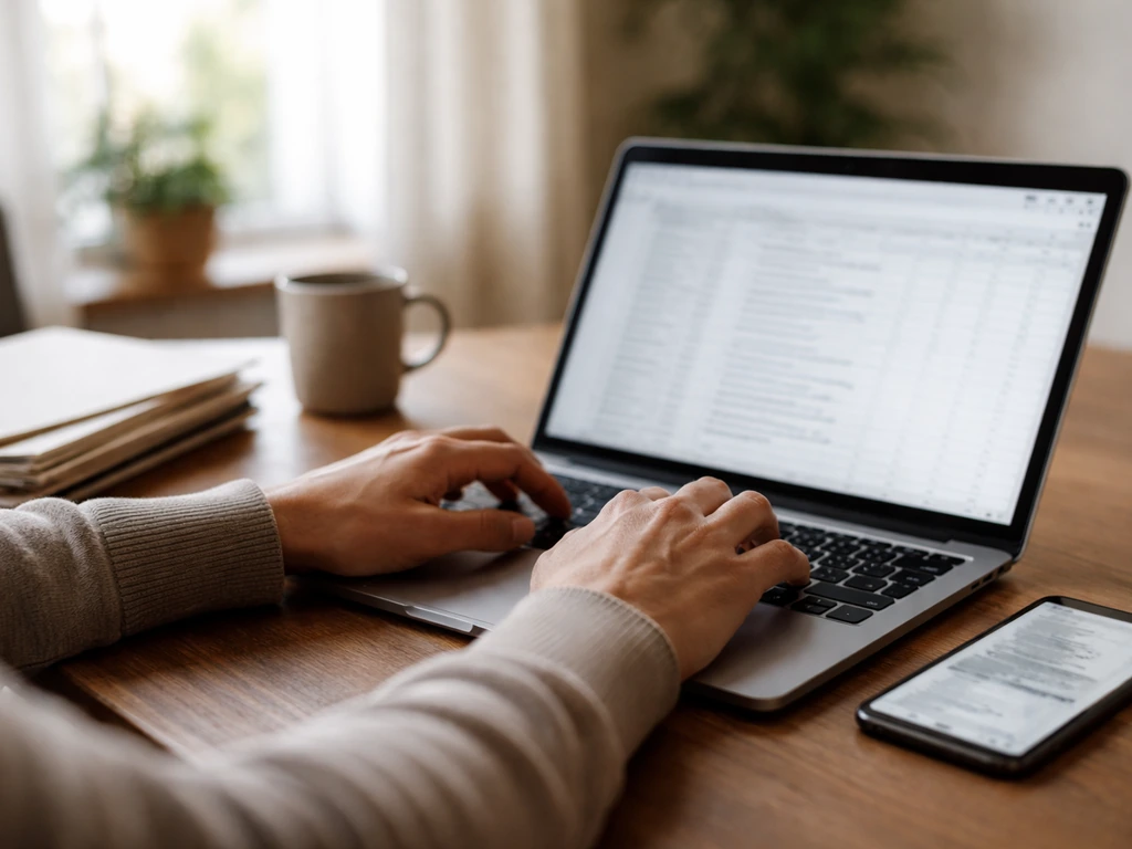 Hands checking an online official asset-declaration form on a laptop in a quiet office.