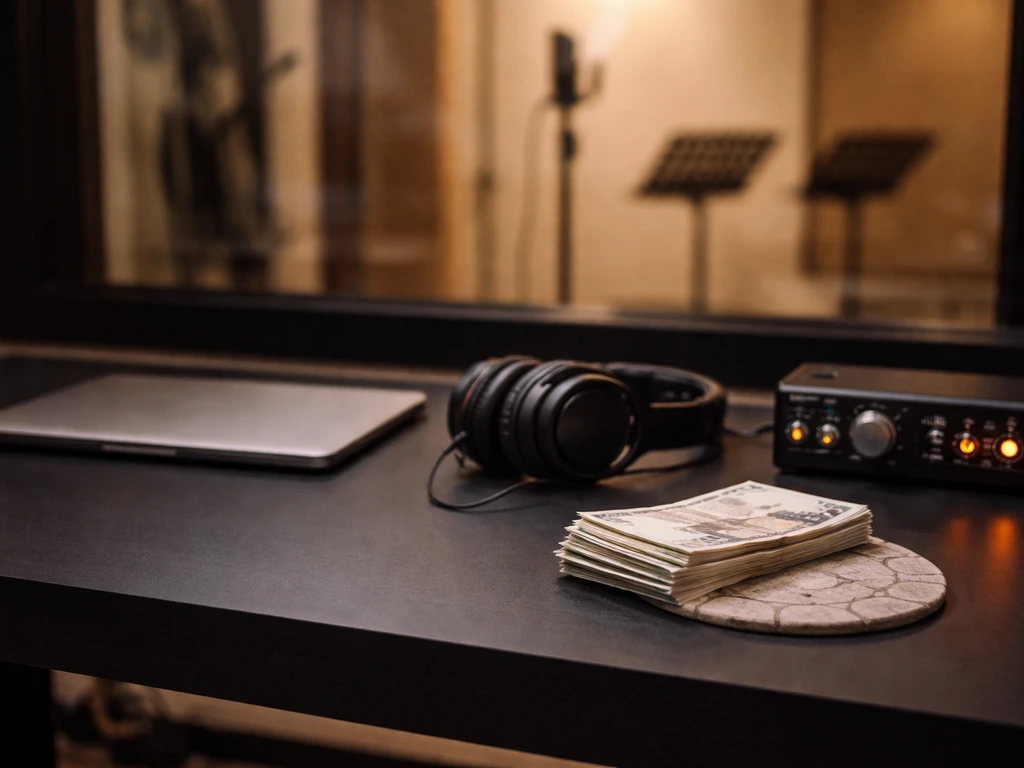 Minimal music studio desk with headphones, microphone backdrop, and symbolic Euro cash for net worth theme.