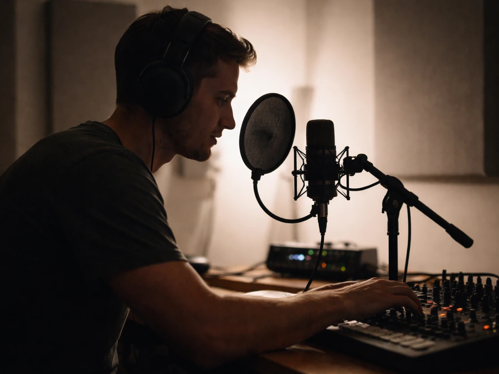 Anonymous music producer singing into a studio microphone with headphones in a quiet recording room.