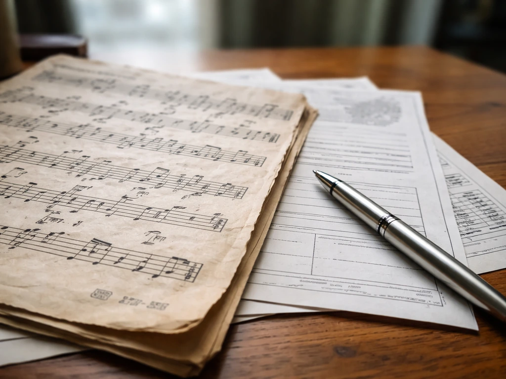 Close-up of a music lead sheet and publishing paperwork on a wooden desk under natural light.