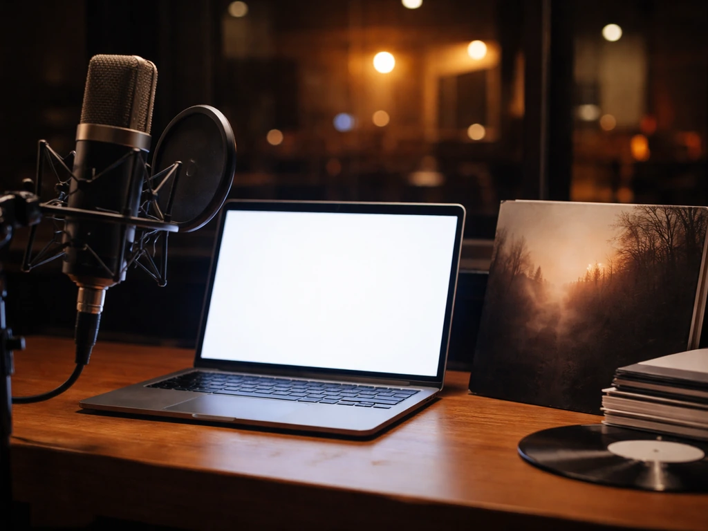 A music producer’s workstation with vinyl-style record sleeve and studio microphone, suggesting international album prod
