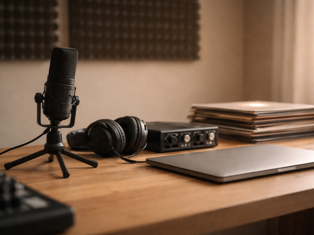 Minimal photo of a music producer’s workspace with studio gear, vinyl records, and a laptop for business-style lifestyle