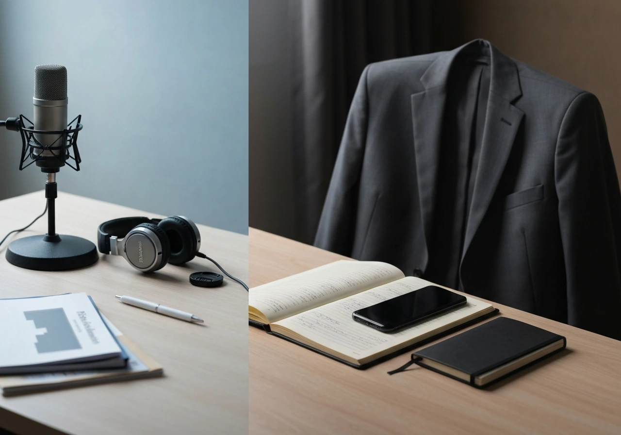 Minimal studio desk with headphones and two blurred folder folders suggesting name confusion