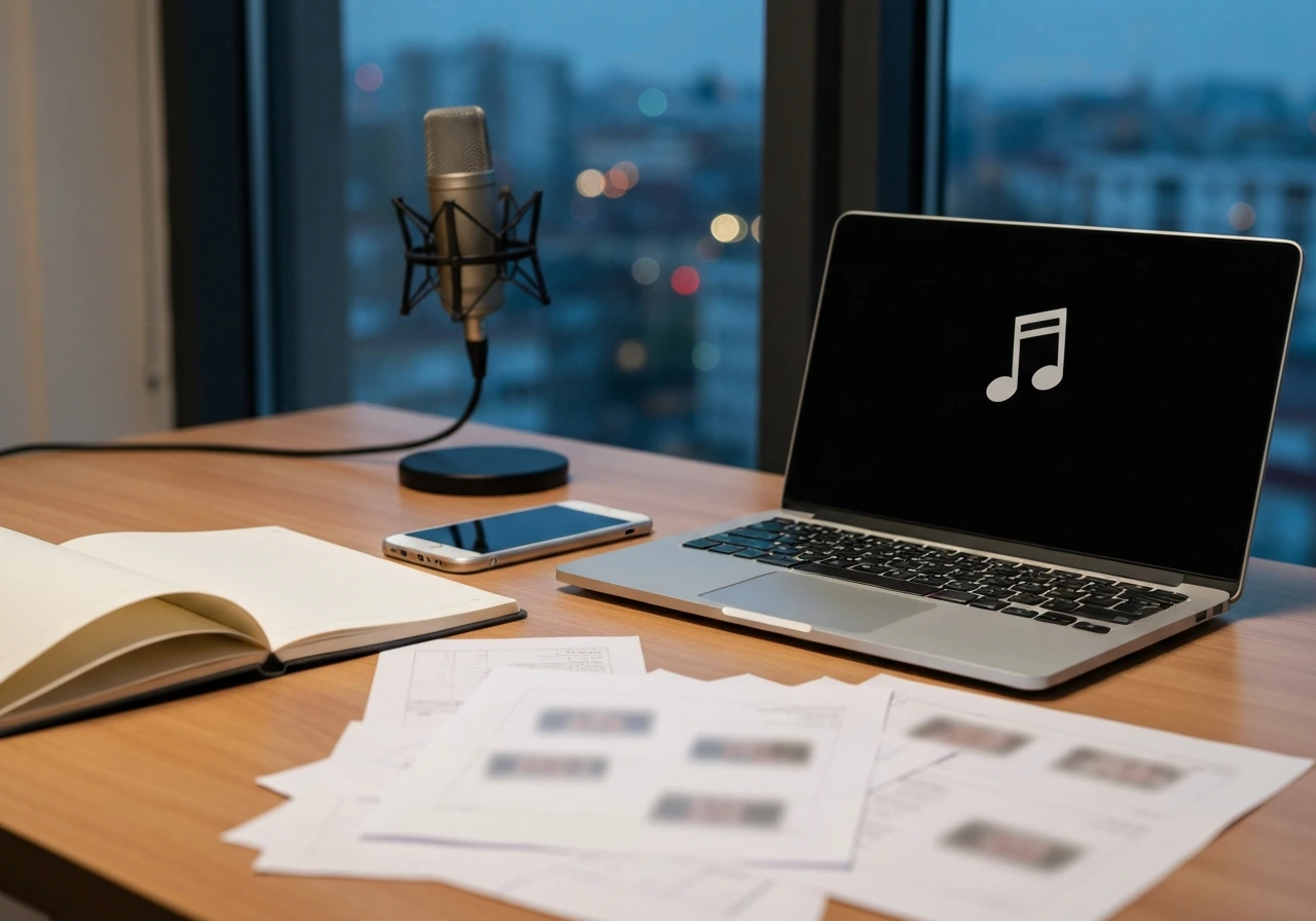 Minimal desk with laptop, notebook, phone, and blurred studio microphone suggesting net-worth data sources.