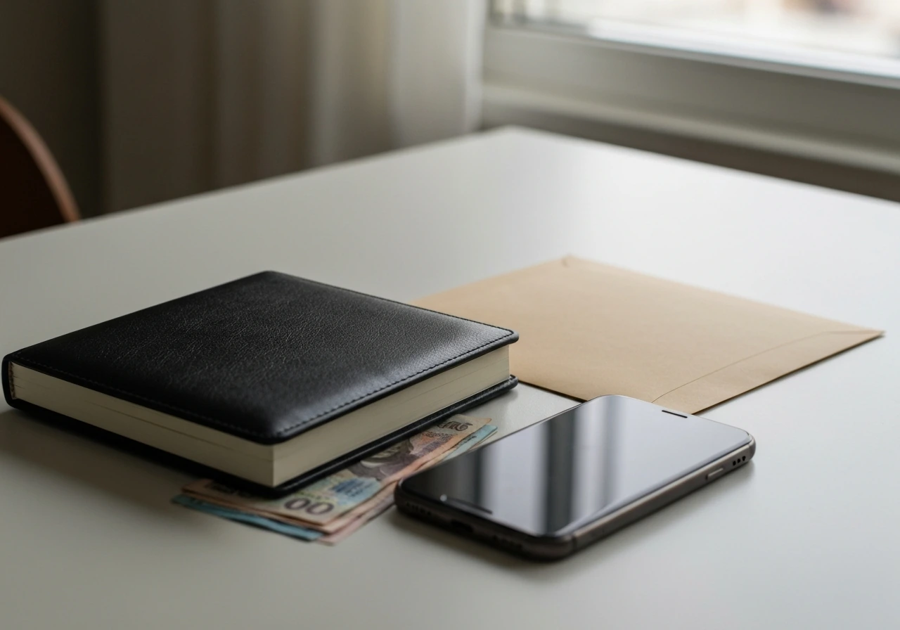 Minimal desk scene with notebook, off smartphone, and currency bills symbolizing a net-worth estimate range.
