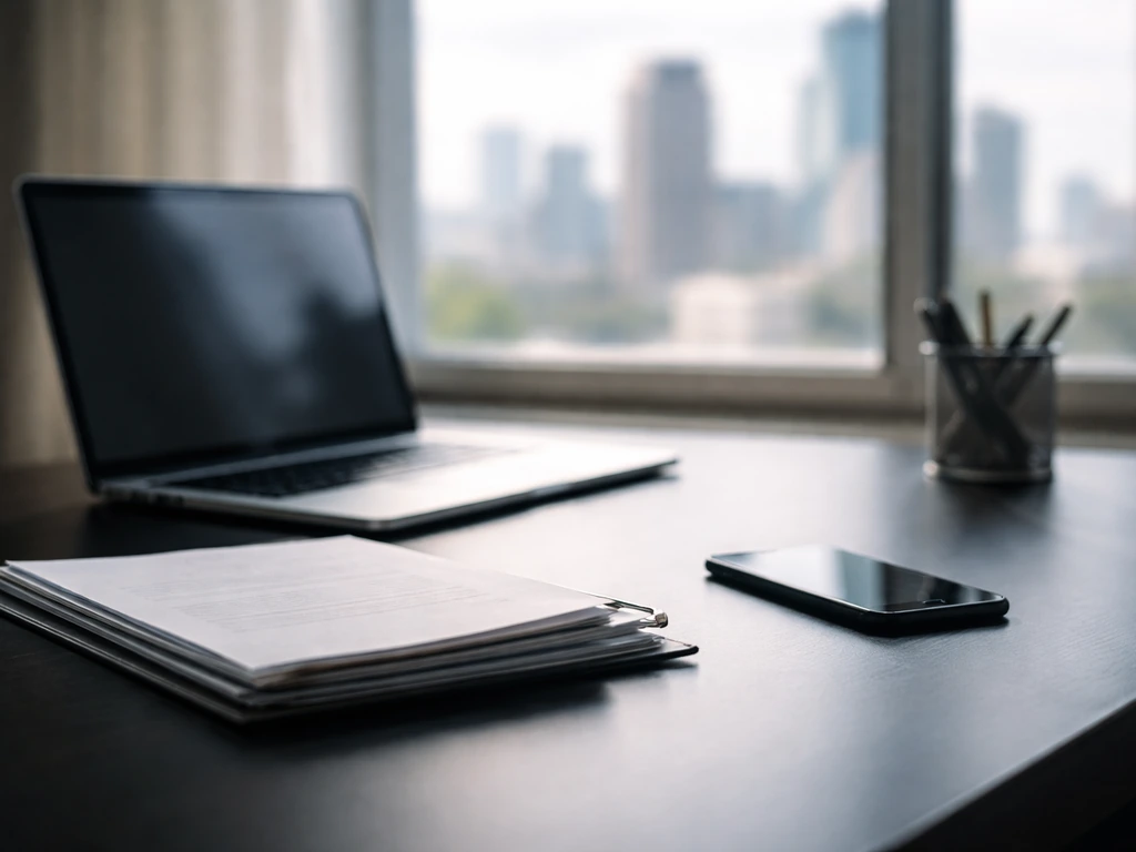 Minimal office scene with a laptop, documents, and a blurred city view suggesting financial profiling