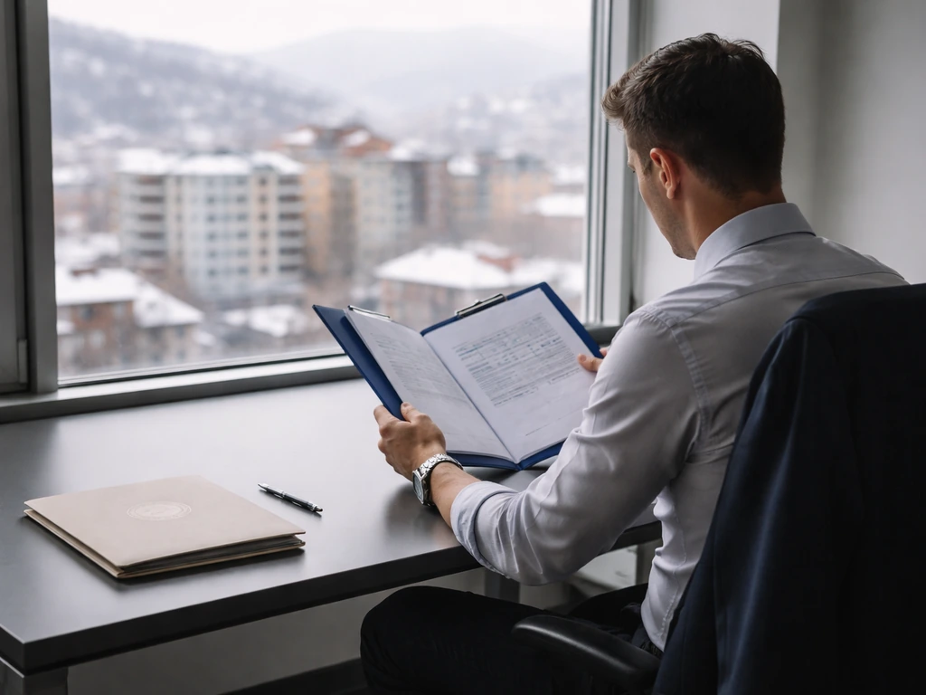 Anonymous executive in a Kosovska Mitrovica–style office, reviewing business documents under soft natural light.