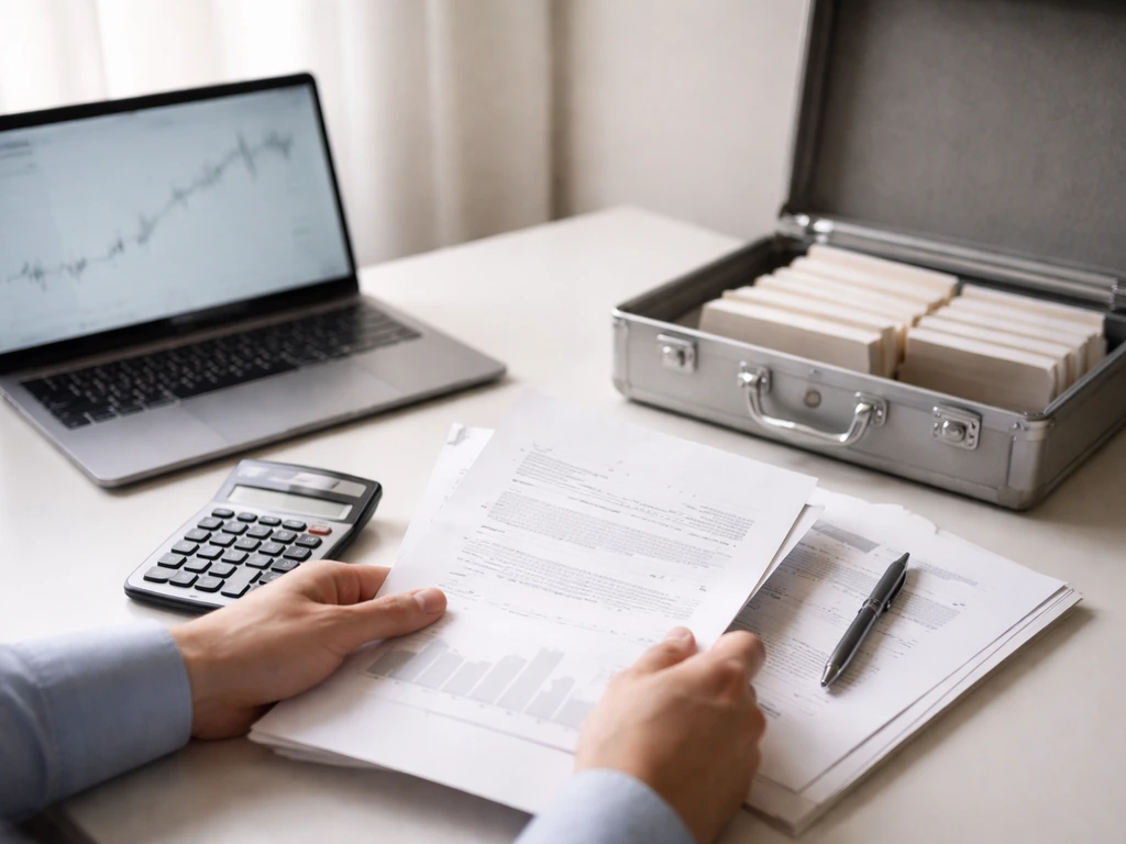 Close-up of a business desk with stock documents, a calculator, and a laptop showing a finance dashboard blur