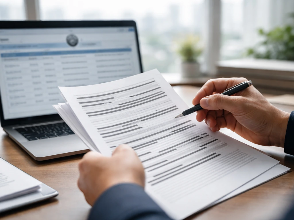 Hands reviewing financial documents beside a laptop showing an anonymous public-records search interface.