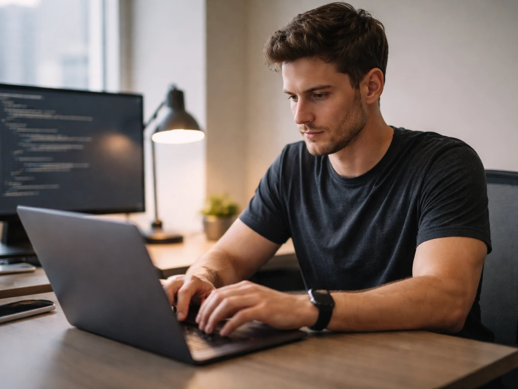 Tech founder-like man working at a desk with a laptop and subtle company branding context