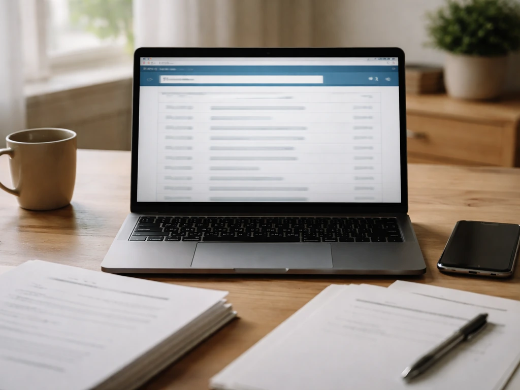 Office desk with a laptop showing a generic SEC EDGAR-like document list, highlighting filings sources.