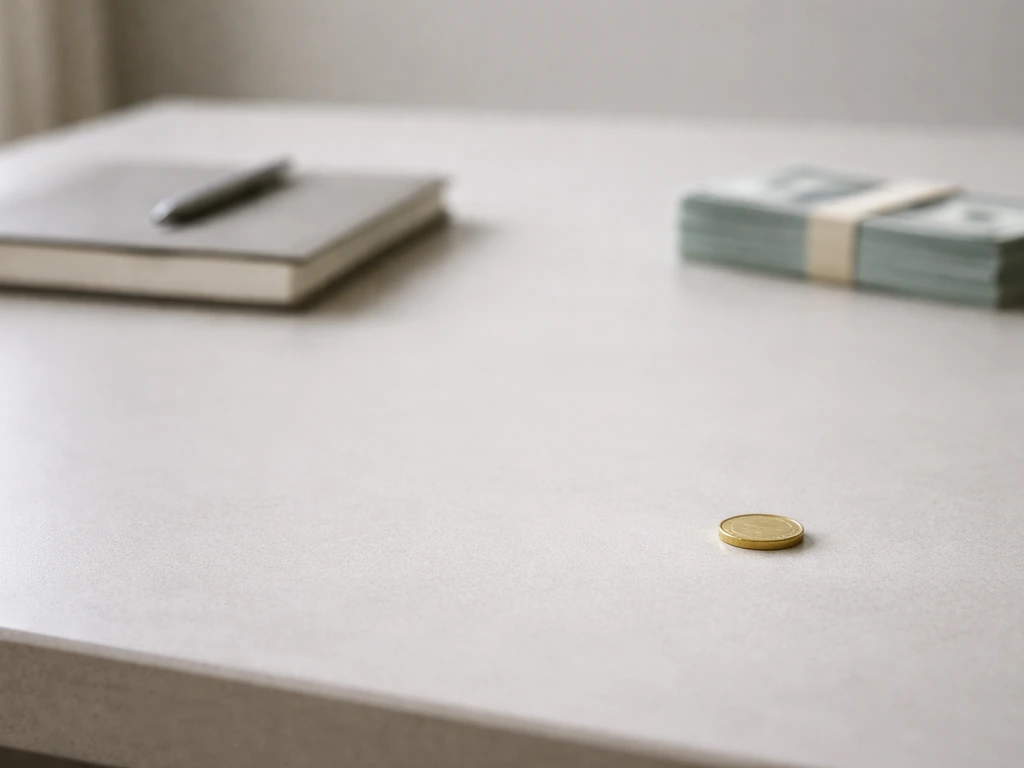 Minimal office desk scene with a single coin and soft cash-like tones symbolizing net worth range