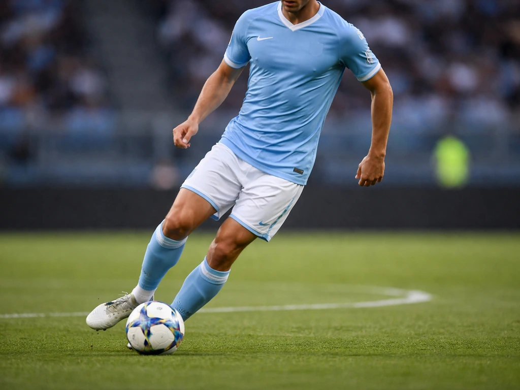 Football midfielder in Lazio-like sky-blue kit controlling the ball on a matchday pitch under stadium lights.