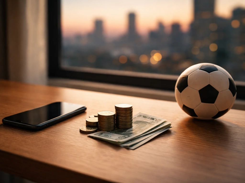 Minimal photo of a tidy desk with cash, a smartphone, and a football near a blurred city skyline at dusk.