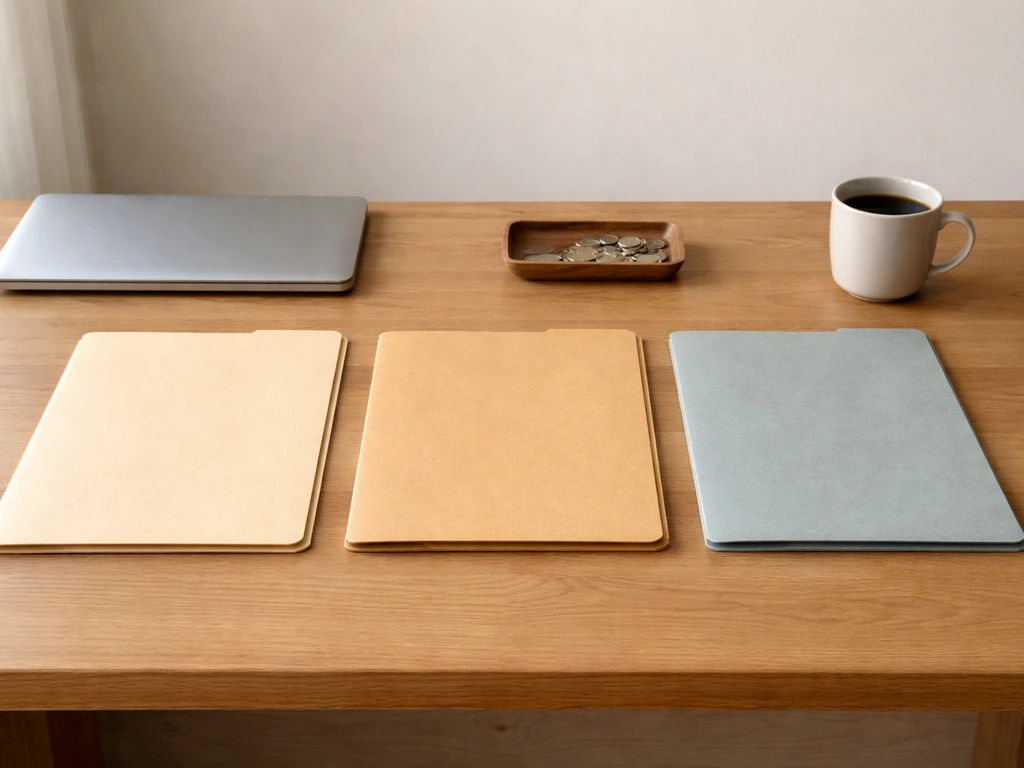 Minimal office desk with three blurred folder stacks and a coffee cup, symbolizing career phases and earnings over time.