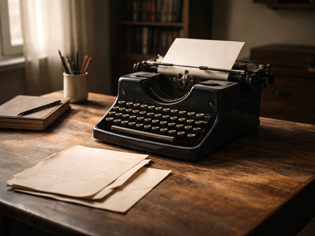 Minimal photo of a vintage writer’s desk with an old typewriter and scattered papers, symbolizing a literary legacy.