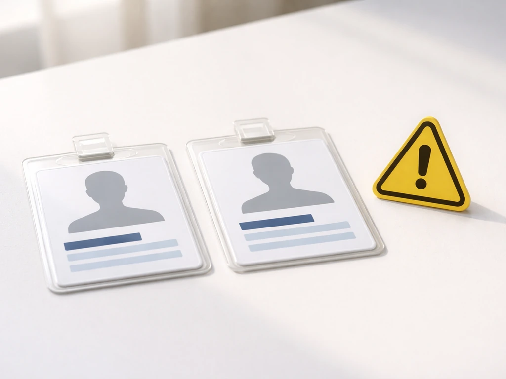 Minimal photo of two duplicate-looking ID cards side by side with a caution symbol, suggesting misinformation.