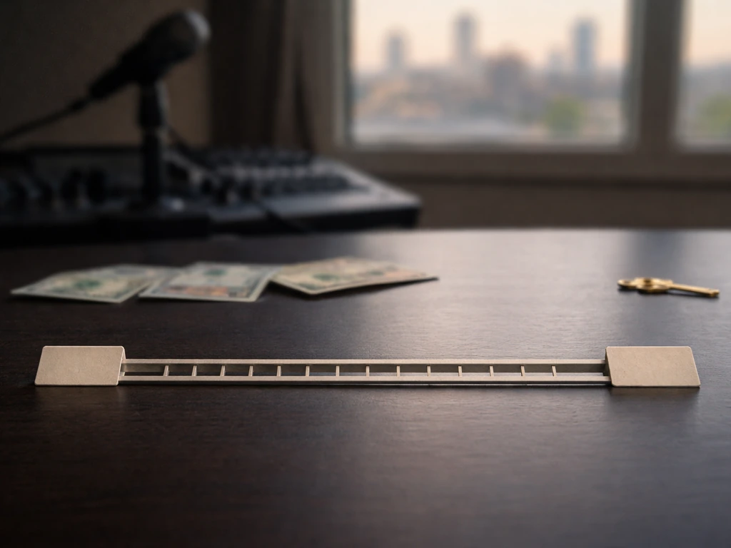 Minimal desk scene with a metallic ladder scale suggesting a low-to-high net worth range, studio background.