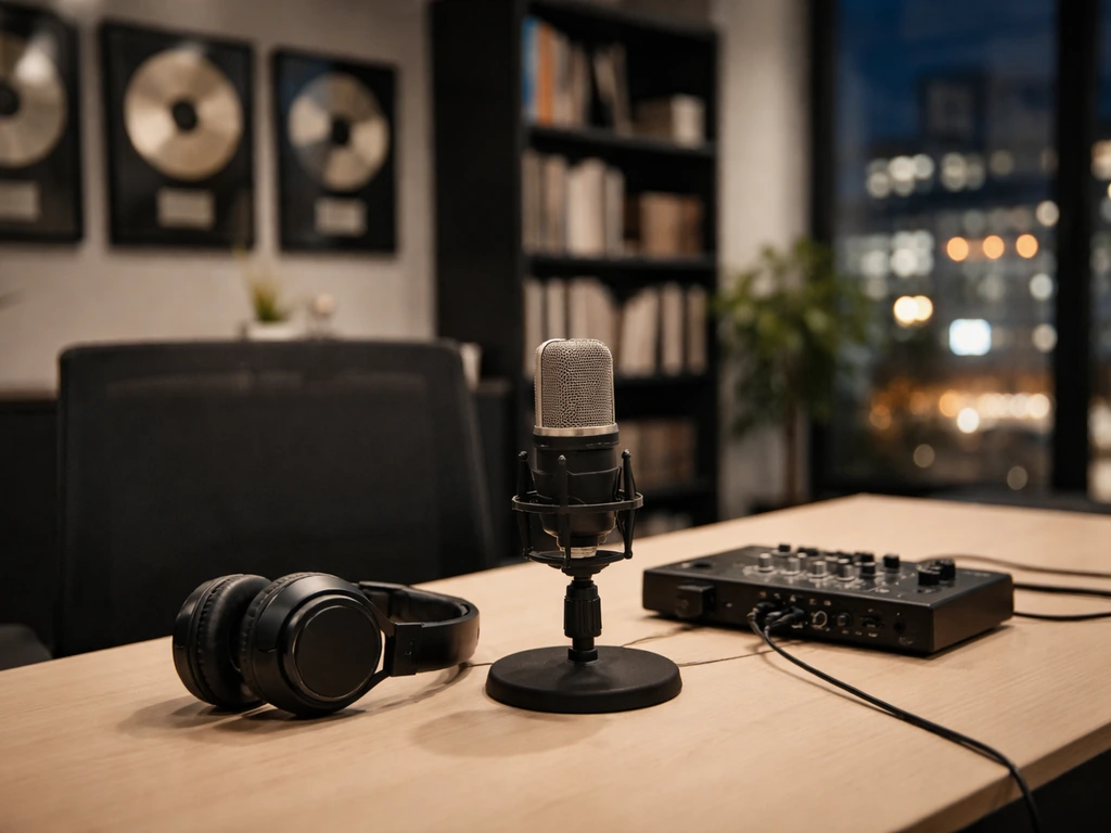 Modern music label office workspace with a studio microphone and dark wood desk