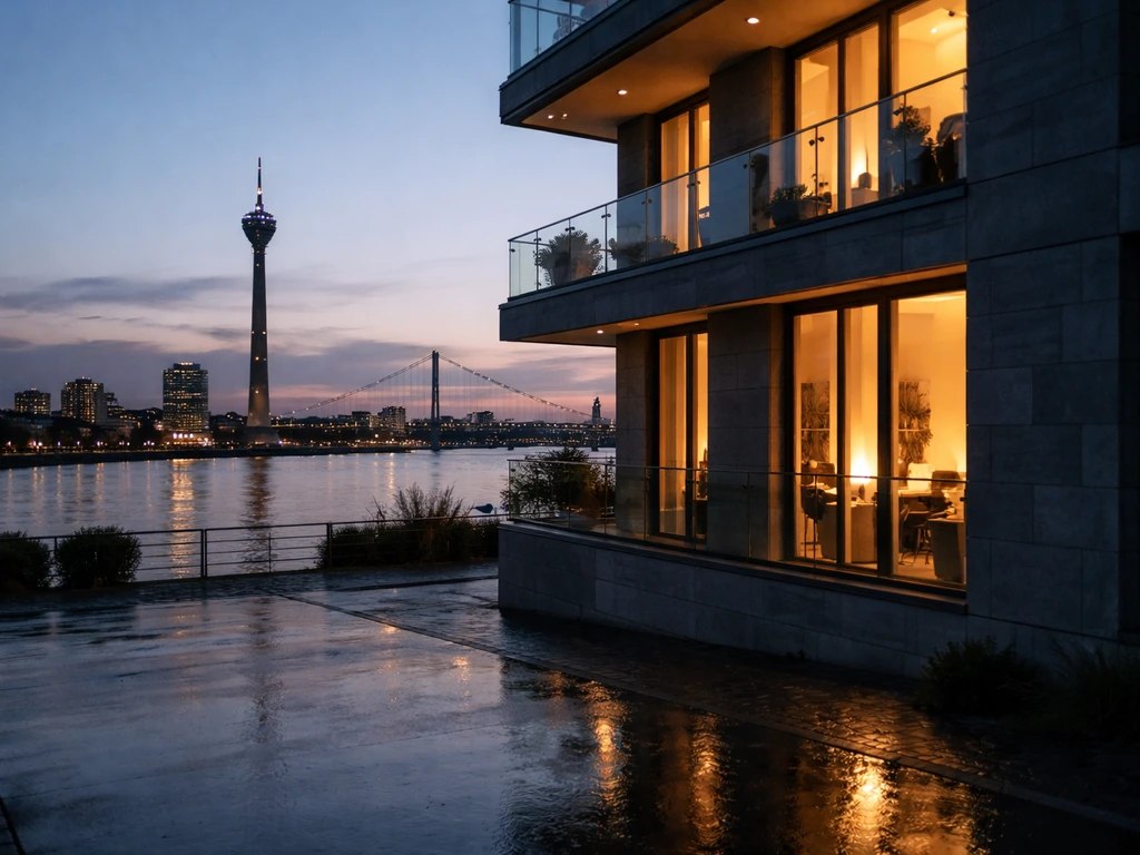 Dusk view of Düsseldorf with a modern apartment facade and warm windows in the foreground.