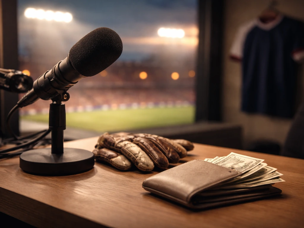 A football-themed sports newsroom desk scene with a microphone, cash-like props, and a stadium backdrop.