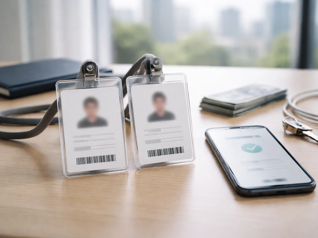 Two generic ID cards and a phone on a desk to suggest verifying the right identity.