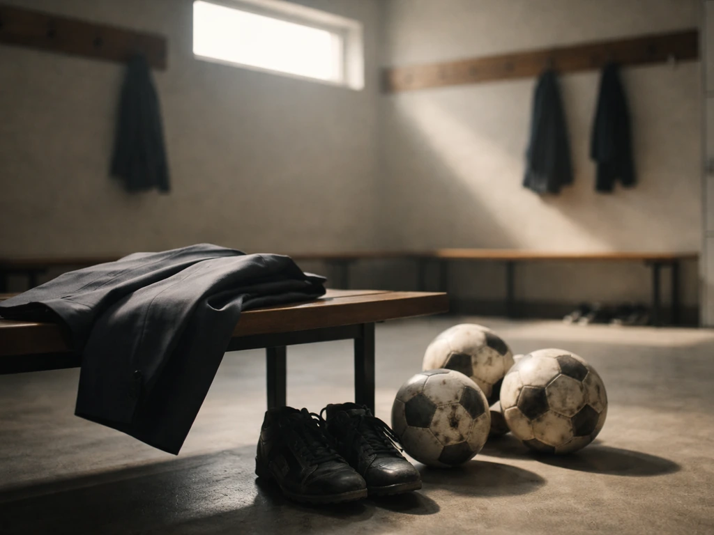 Minimal photo of a football-themed locker room scene with stacked match balls and a suit jacket, suggesting career earni