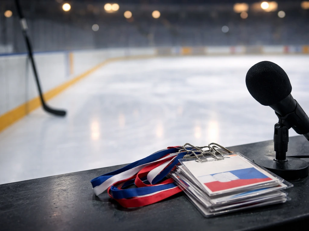 Minimal ice-hockey arena scene with stick and media setup symbolizing sports wealth analysis