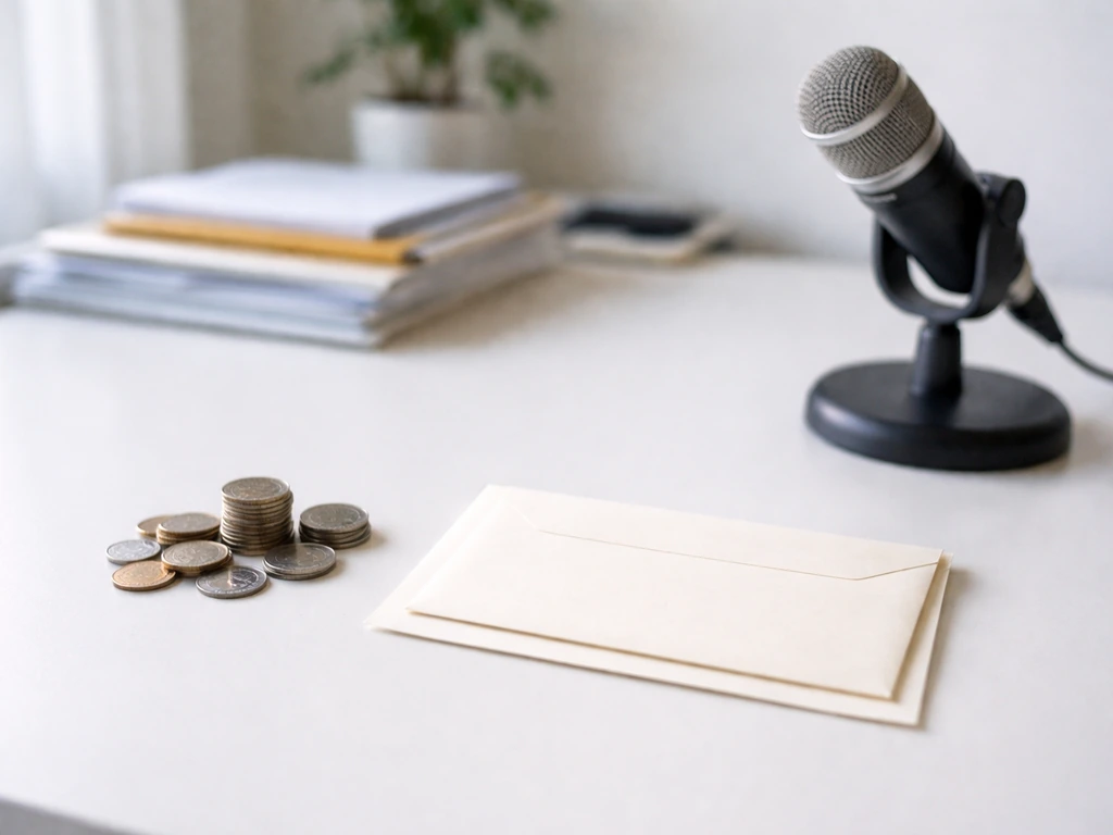 Minimal photo of an office desk with envelopes, coins, and blurred document folders symbolizing net worth estimates.