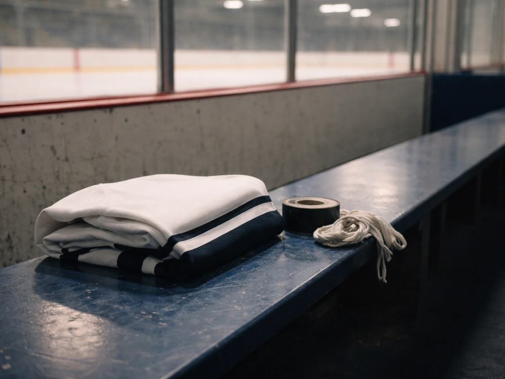 Minimal photo of an empty ice rink seat and taped hockey jersey, symbolizing an NHL career and income.