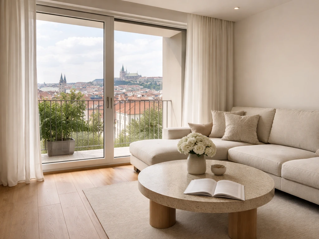 Minimal photo of a modern luxury apartment interior with a balcony view, suggesting a high-end real estate asset.
