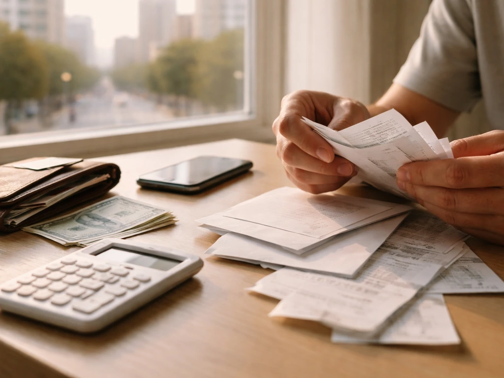 Hands sorting plain envelopes and receipts on a desk with wallet and calculator in natural light.