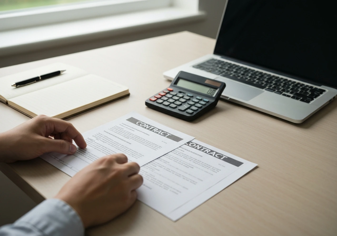 Hands organizing printed contract pages beside a calculator and laptop, symbolizing verifying an earnings estimate