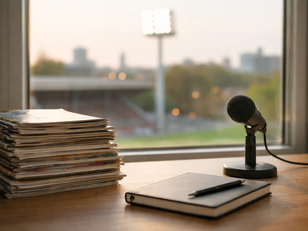 Minimal desk scene with football match items and a microphone, suggesting sports media and financial research