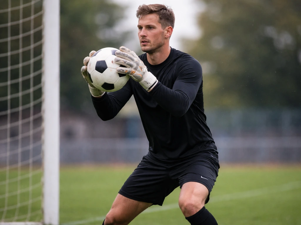 Football goalkeeper in gloves on a grass pitch near the goal, holding a soccer ball.