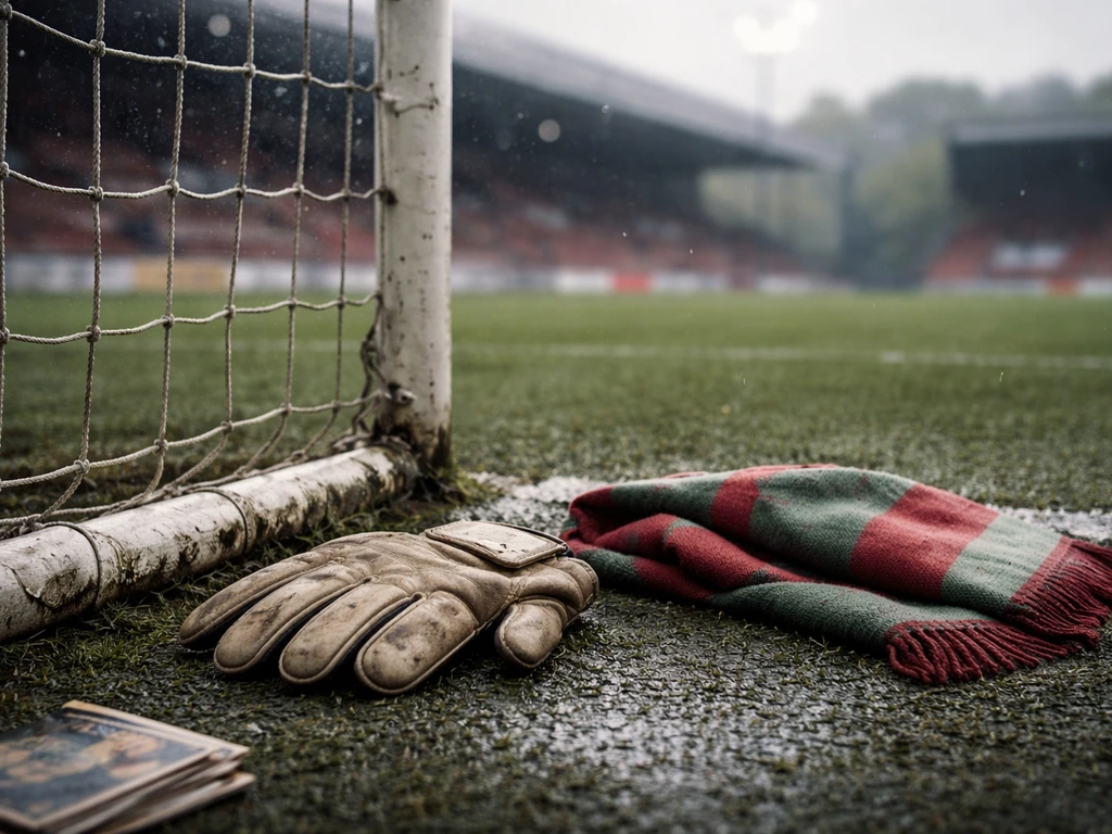 Worn goalkeeper glove and scarf near a rainy stadium goal net, symbolizing a football earnings era.