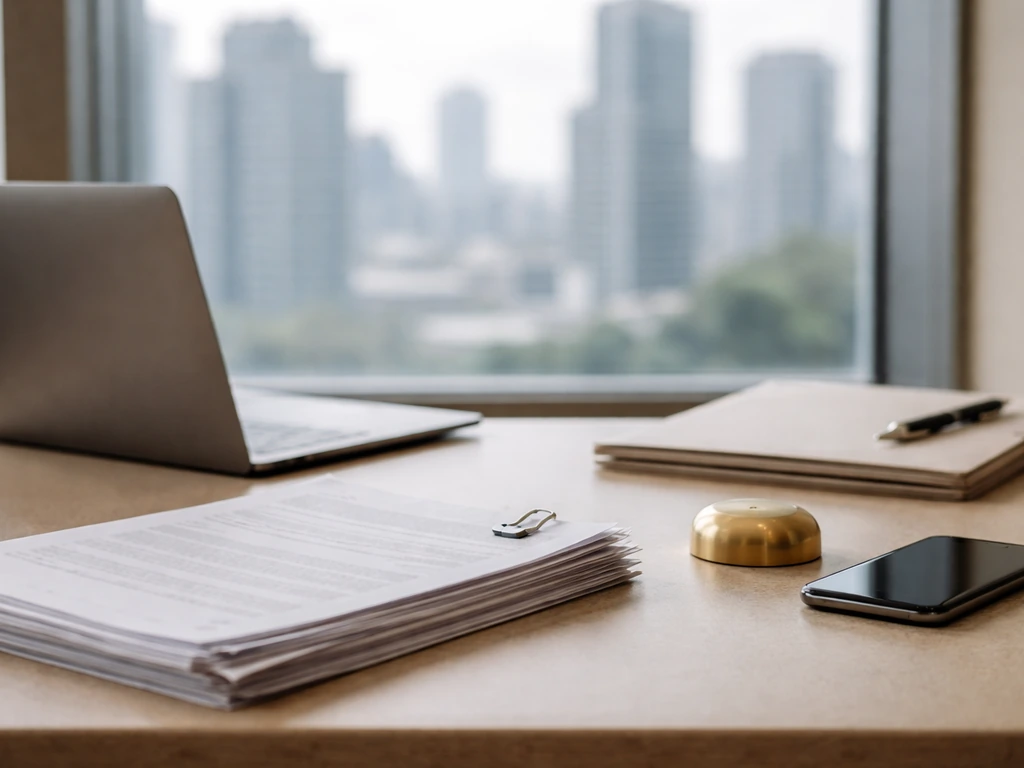 Minimal office scene with financial documents and a blurred city skyline hinting at executive valuation analysis