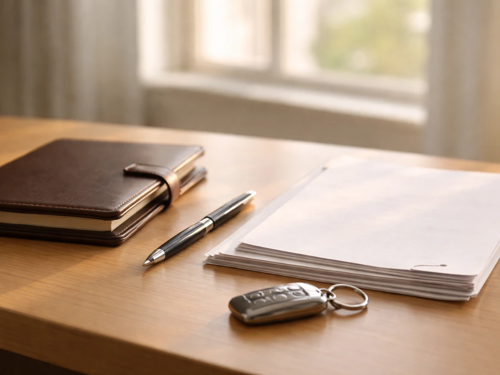Minimal corporate office desk with a pen, key fob, and neatly stacked documents symbolizing executive income components