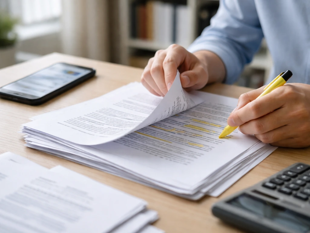 Hands reviewing blurred financial documents on a desk with calculator and phone for valuation steps