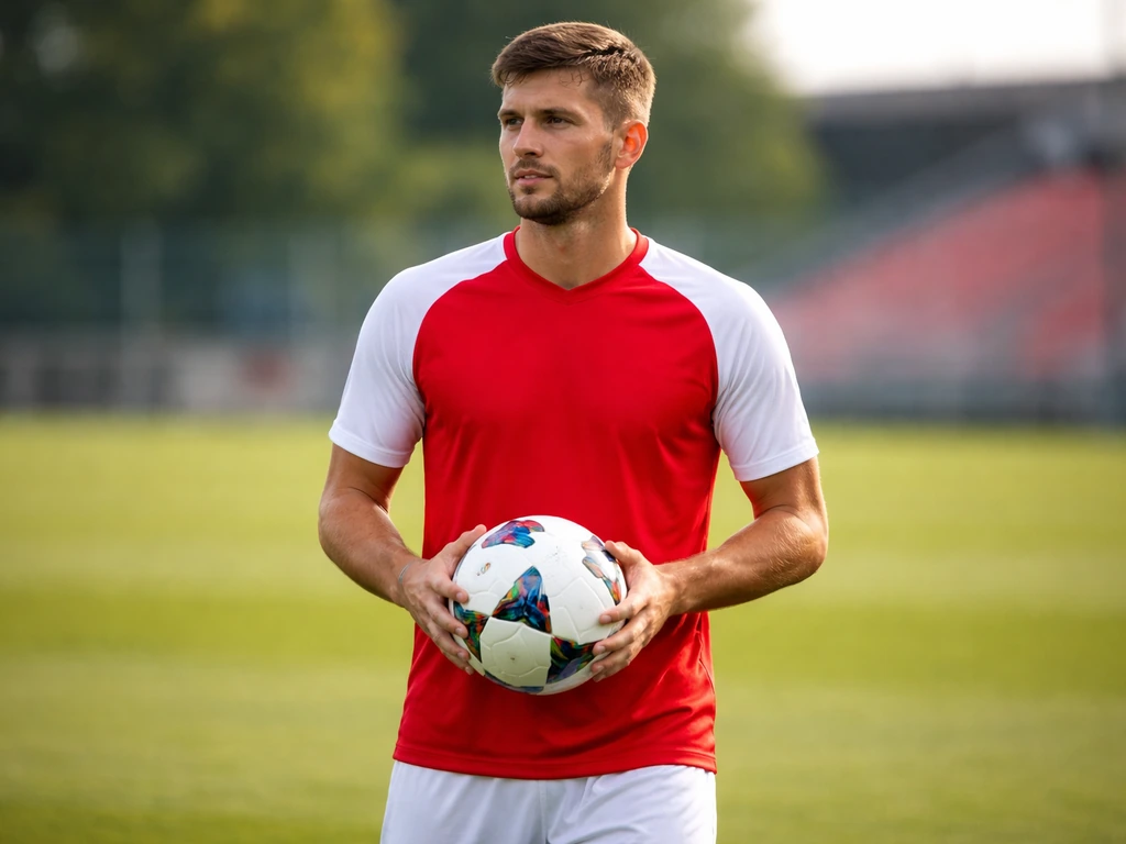 Anonymous footballer in Croatia-style red-and-white kit holding a ball on a training pitch.