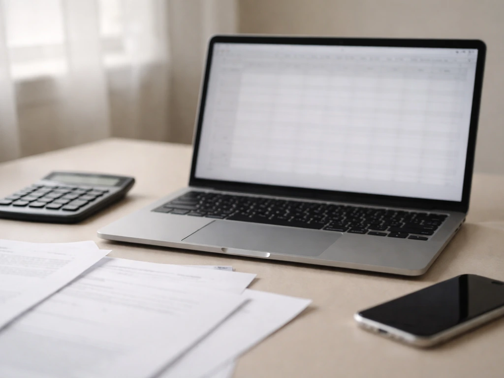Laptop, calculator, and blank papers on a desk symbolizing building financial estimates from inputs