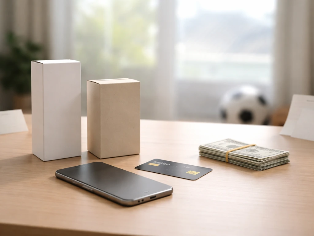Minimal desk scene with cash, card, and blank boxes suggesting sponsorship and endorsements income.