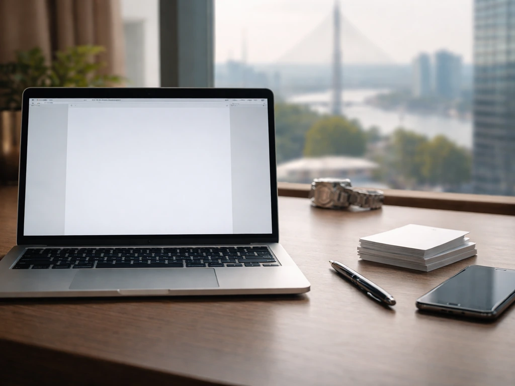 Minimal office desk with blurred Cyrillic/Latin cards and laptop, symbolizing Delta Holding and name variations.