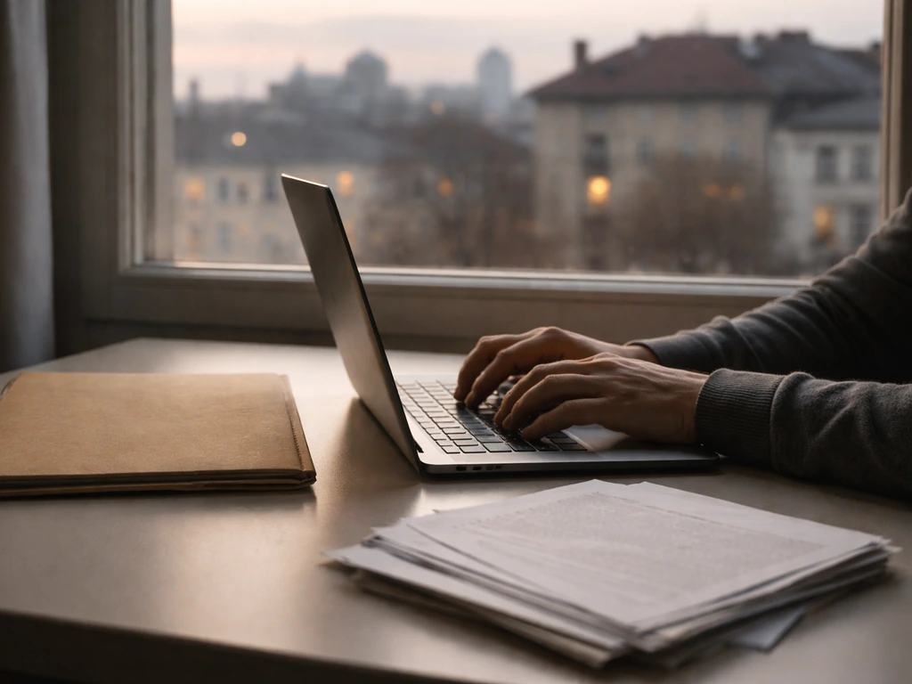 Minimal desk scene with laptop and a newspaper-style folder suggesting investigative wealth sourcing
