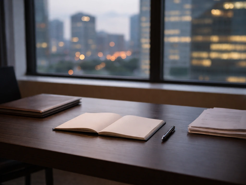 Minimal office desk with blank notebook, pen, and portfolio suggesting business milestones and wealth growth.