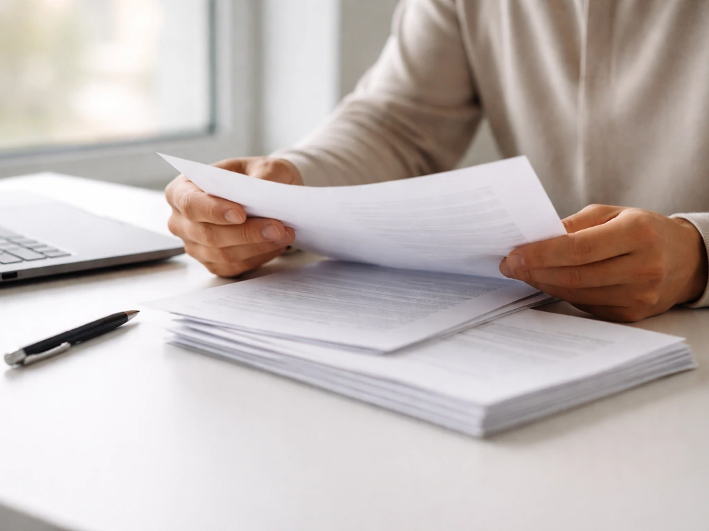 Person reviewing business documents on a desk with a laptop, suggesting how to verify corporate figures.
