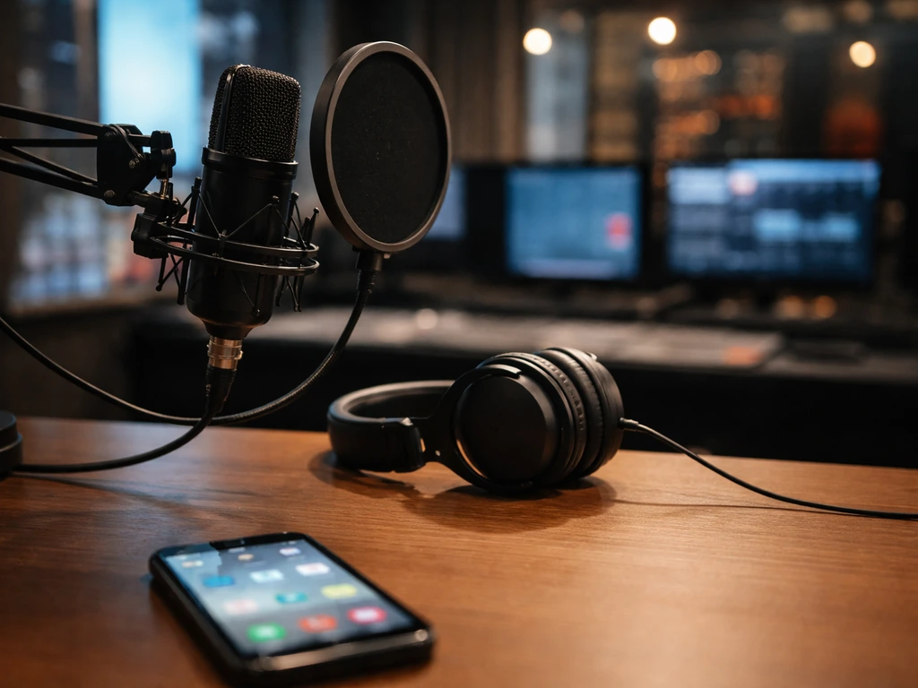 Anonymous TV studio desk with microphone and headphones, with blurred phone banking icons and soft city light bokeh.