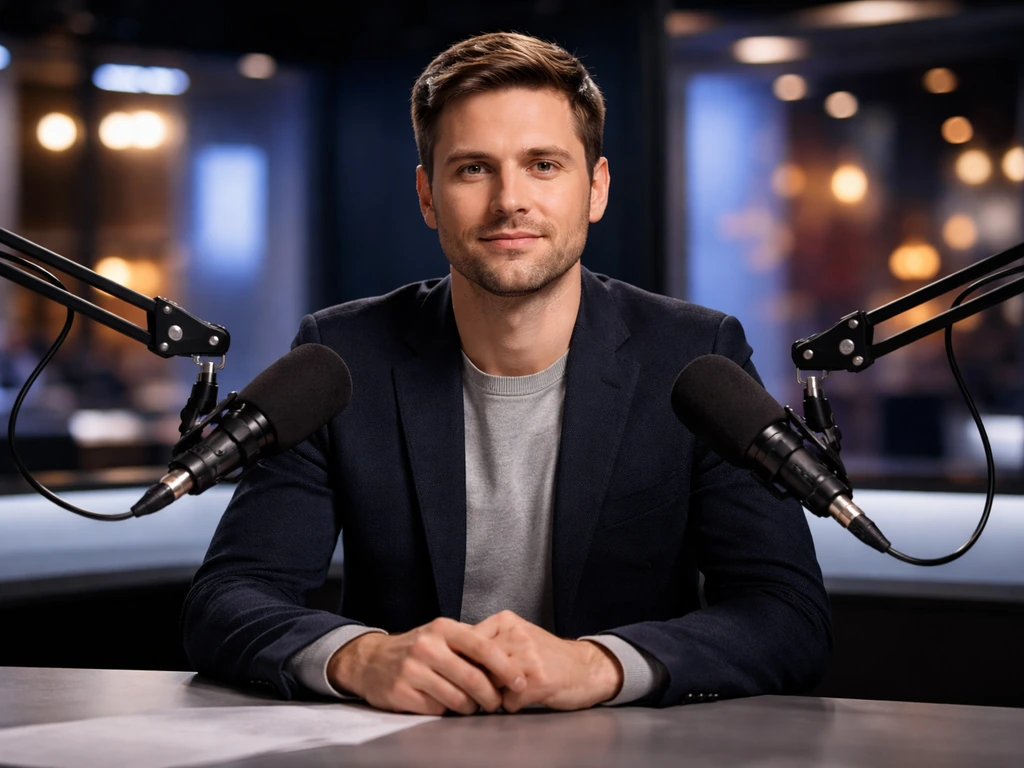 Serbian TV host-like figure at a studio desk with microphones and studio lights
